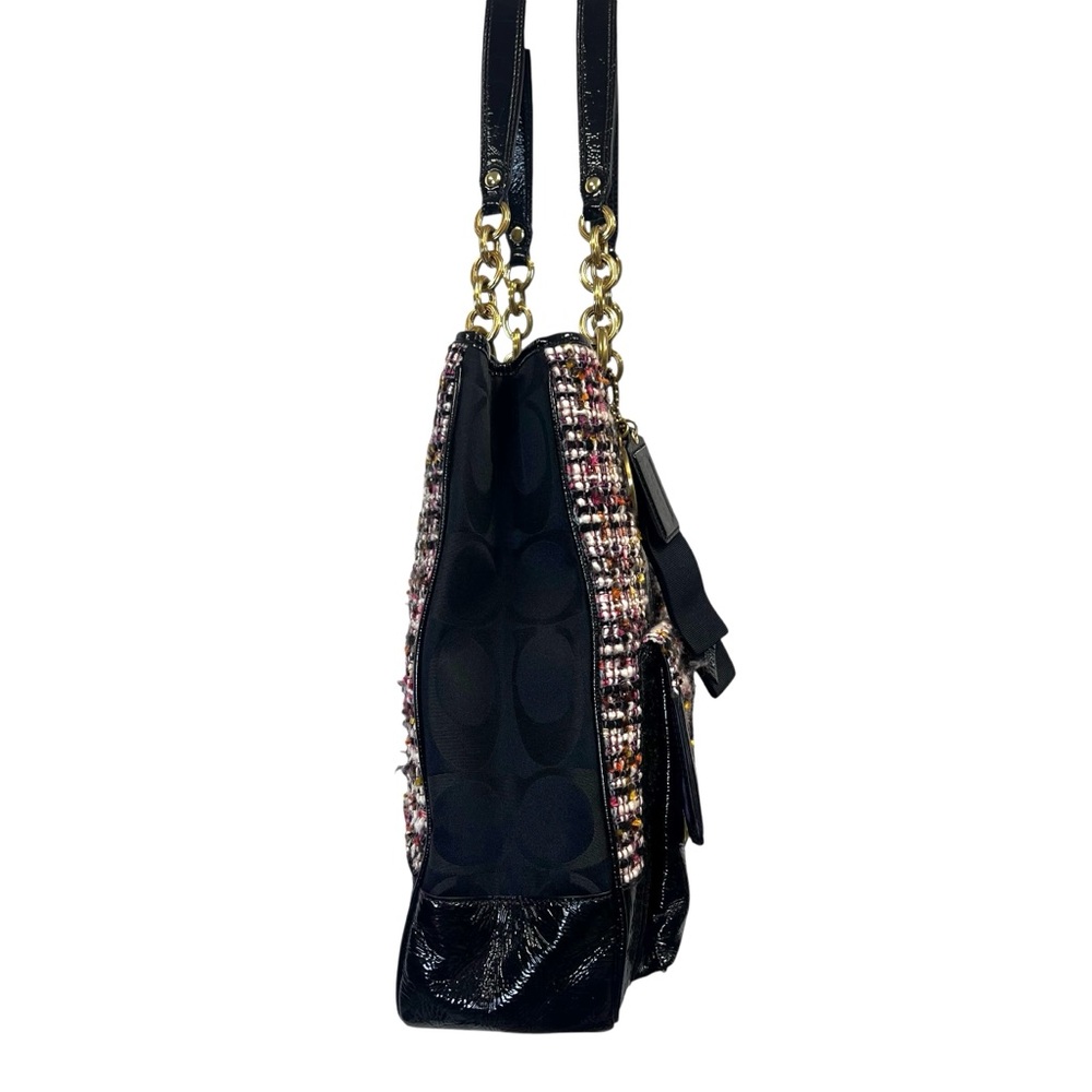 RARE COACH POPPY GALAXY TWEED TOTE PATENT LEATHER TRIM PUSHLOCK 2 TAGS & CHARM - Picture 5 of 15
